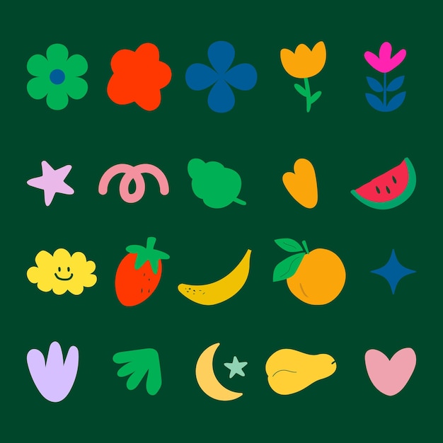 Conjunto de flores coloridas y frutas frescas dibujadas a mano garabateado dibujo de línea de arte vector