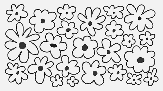 Conjunto de flores de contorno abstracto cabeza de flor fondo floral botánico elementos de arte de línea aislados margarita Doodle