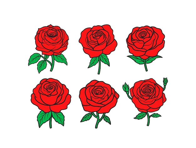 Conjunto de flores decorativas de rosa roja con hojas verdes en un fondo transparente
