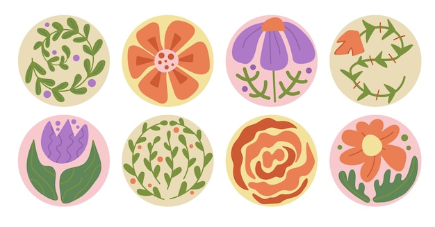 Conjunto de flores dibujadas estandarte de círculo floral retro groovy adhesivo botánico moderno
