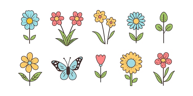 Vector conjunto de flores dibujadas a mano con estilo delineado