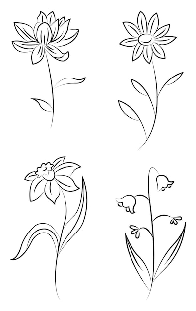 Vector conjunto de flores dibujadas a mano con tallos