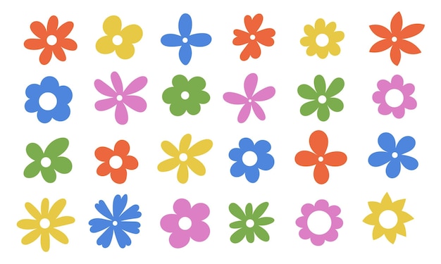 Conjunto de flores dibujadas simples pegatinas hippies plantilla abstracta moderna elemento de diseño decorativo vintage