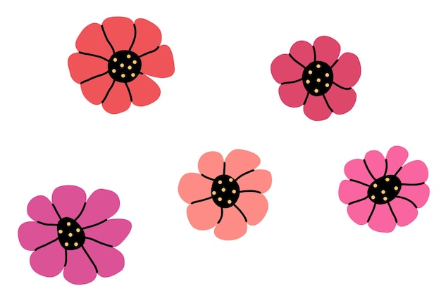 Vector conjunto de flores de dibujos animados dibujados a mano colección de flores decorativas de hojas y flores