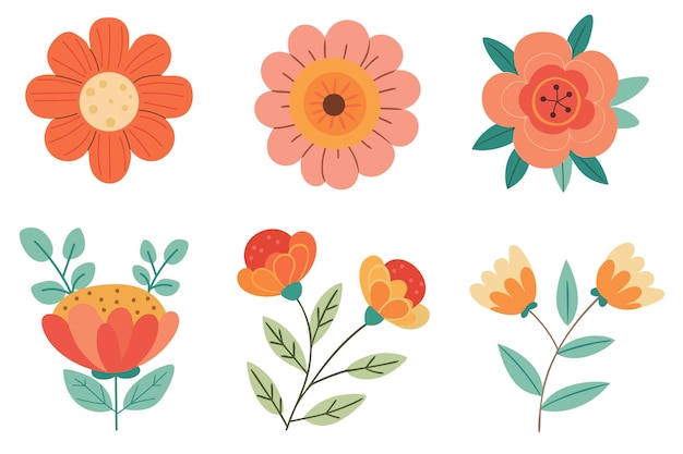 Conjunto de flores de dibujos animados en un fondo blanco ilustración de estilo plano
