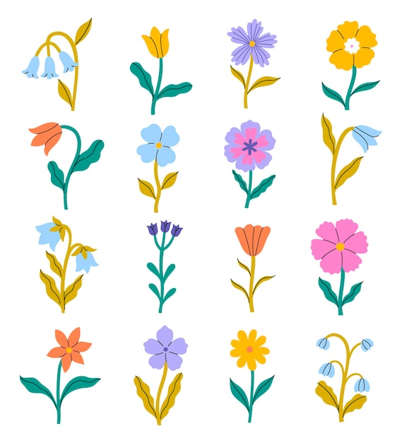 Conjunto de flores de diferentes formas y colores aislados en fondo blanco Gráficos vectoriales