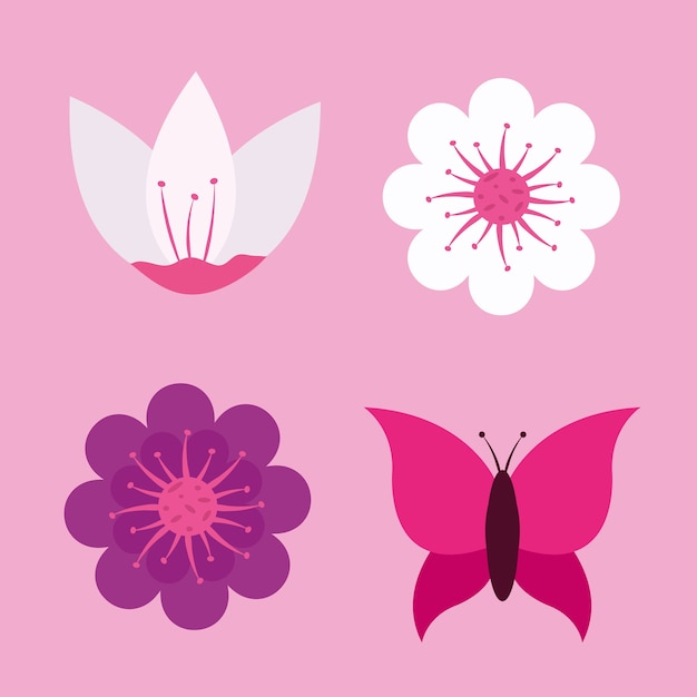 Vector conjunto de flores y diseño de mariposas, decoración de jardín de adornos de plantas de naturaleza floral natural y tema de botánica.