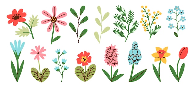 Conjunto de flores y elementos florales Concepto de boda con flores Cartel floral invita Ilustración vectorial plana