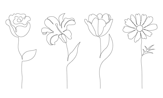 Conjunto de flores. Estilo de dibujo de una línea.