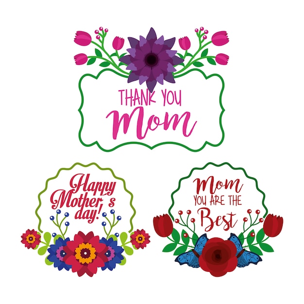 Conjunto de flores etiquetas decoración madres día