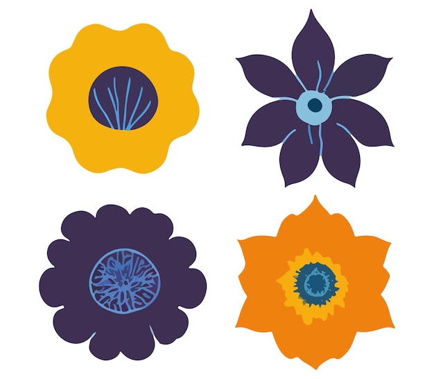 un conjunto de flores y un fondo azul y amarillo