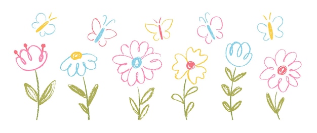 Conjunto de flores garabateadas para niños con tiza de lápiz de colores o textura pastel Esbozo de fondo floral de primavera