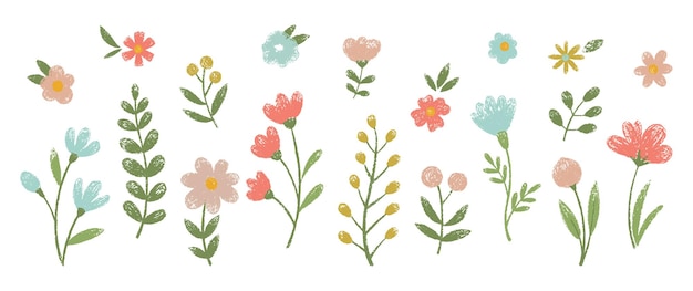 Conjunto de flores garabateadas para niños con tiza de lápiz de colores o textura pastel