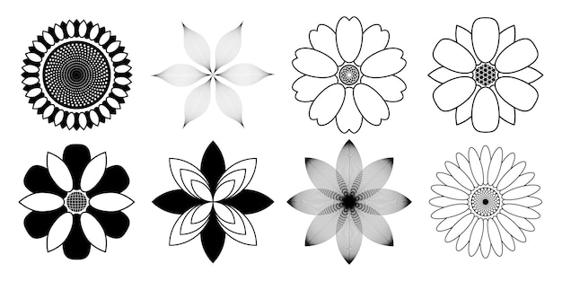 Conjunto de flores geométricas aisladas sobre un fondo blanco