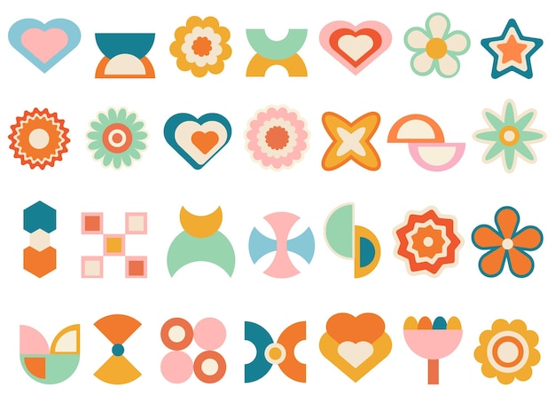 Conjunto de flores geométricas retro