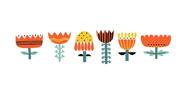 Conjunto con flores gráficas en ilustración vectorial de estilo plano