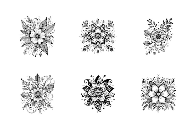 conjunto de flores de henna página de colorear silhueta vectorial logotipo estilo blanco y negro