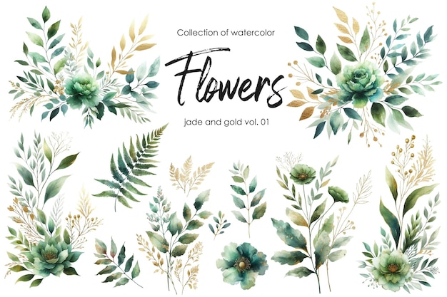conjunto de flores y hojas de acuarela sobre fondo blanco flores pintadas a mano en color oro y jade