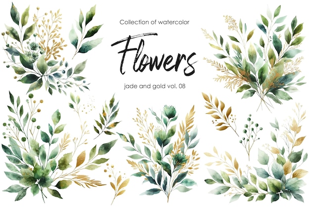 conjunto de flores y hojas de acuarela sobre fondo blanco flores pintadas a mano en color oro y jade