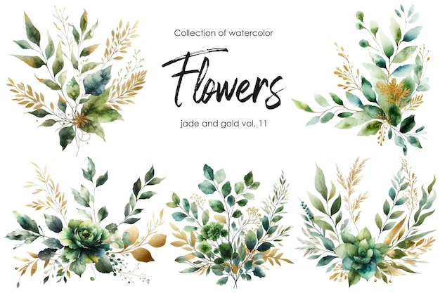 conjunto de flores y hojas de acuarela sobre fondo blanco flores pintadas a mano en color oro y jade