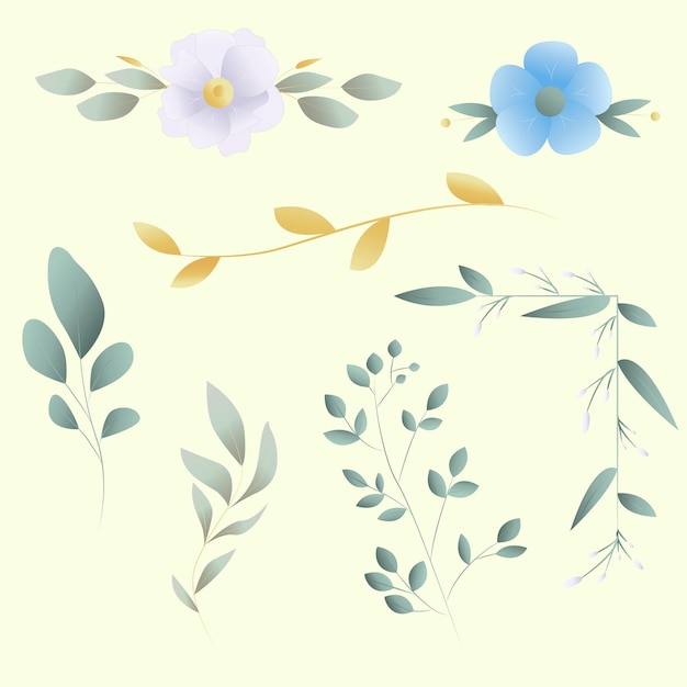Conjunto de flores y hojas en colores claros