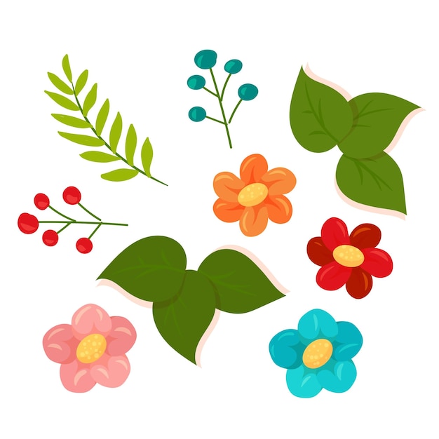 Un conjunto de flores y hojas para decoración Elementos de plantas Ilustración vectorial aislada sobre fondo blanco