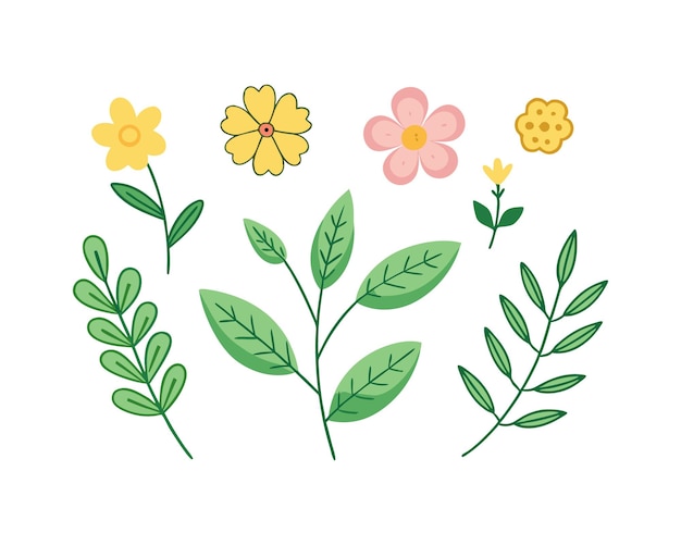 Conjunto de flores y hojas estilizadas con fines decorativos