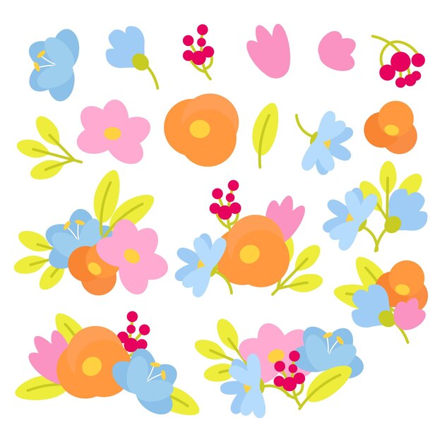 Vector conjunto de flores y hojas de primavera recogidas en una composición