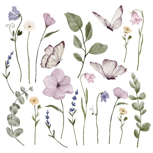 Conjunto de flores y hojas
