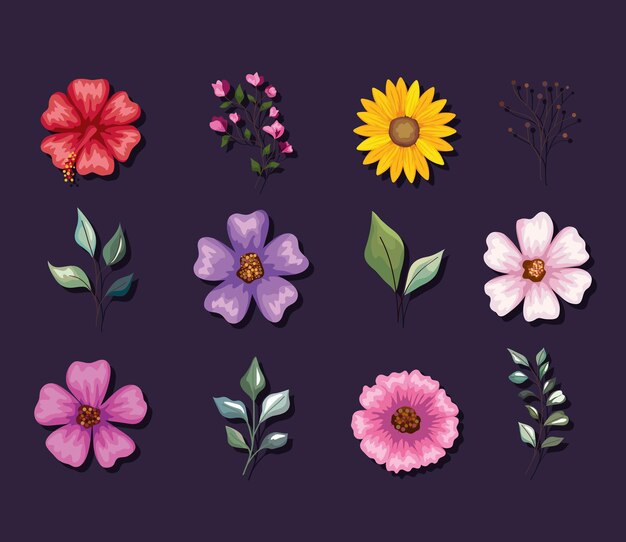Conjunto de flores y hojas