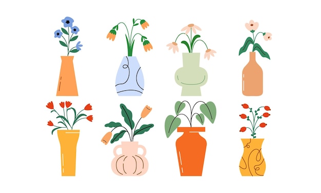Conjunto de flores en jarrón Ilustración dibujada a mano Hermosas flores tropicales Concepto decorativo plano