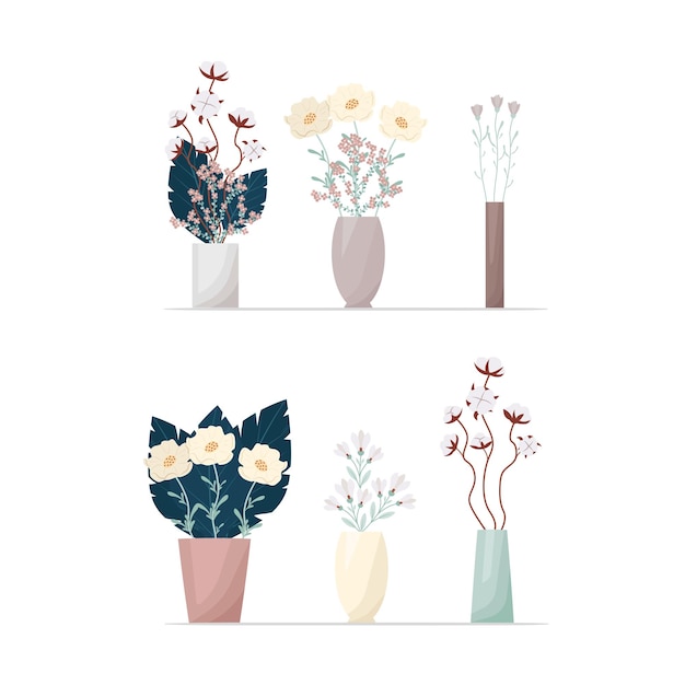 Conjunto de flores en jarrones de estilo boho Composición de flores ilustración vectorial Ramos