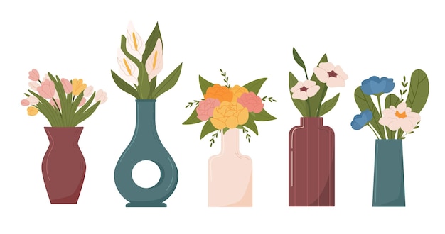 Vector conjunto de flores en jarrones jarros con flores y plantas en flor ramos elegancia y estética regalos y regalos románticos colección de vectores planos de dibujos animados aislados sobre fondo blanco
