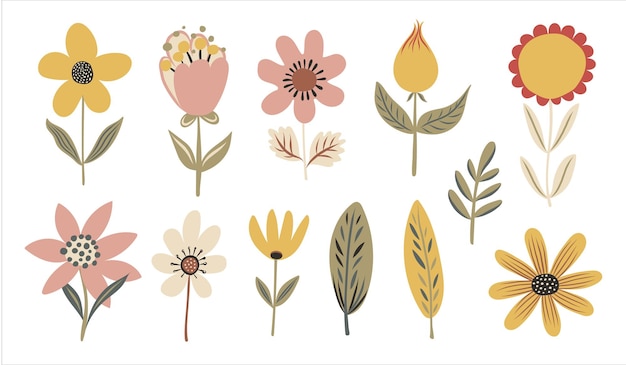 Conjunto de flores lindas planta en estilo de dibujos animados dibujado a mano dibujo vectorial ilustración infantil aislado