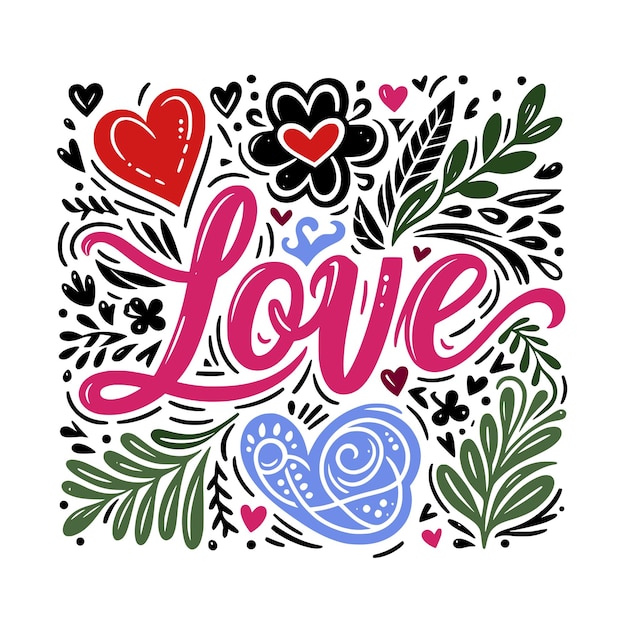 conjunto de flores manos dibujadas conjunto botánico tarjeta de amor composición de letras con flores vector