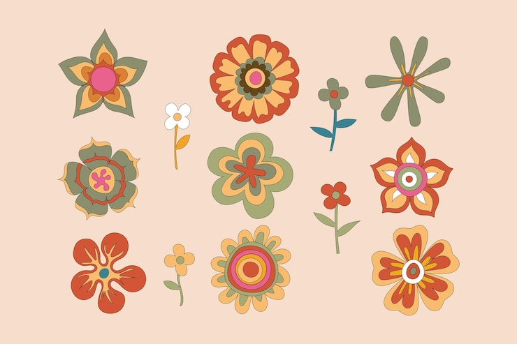Vector conjunto de flores maravillosas psicodélicas planas retro vintage dibujadas a mano colecciones de paquetes con estilo de los años 90