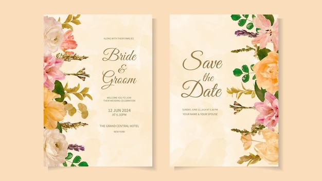 Conjunto de flores de marco de tarjeta de invitación de boda guardar la fecha rsvp gracias
