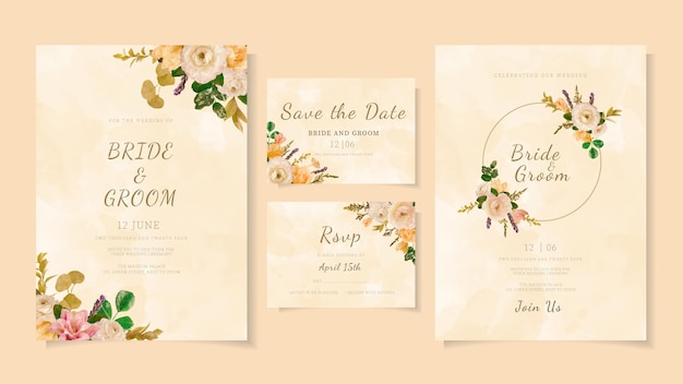 Conjunto de flores de marco de tarjeta de invitación de boda Guardar la fecha RSVP gracias
