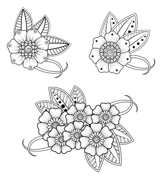 Conjunto de flores mehndi para dibujo y tatuaje de henna. decoración oriental, estilo indio.