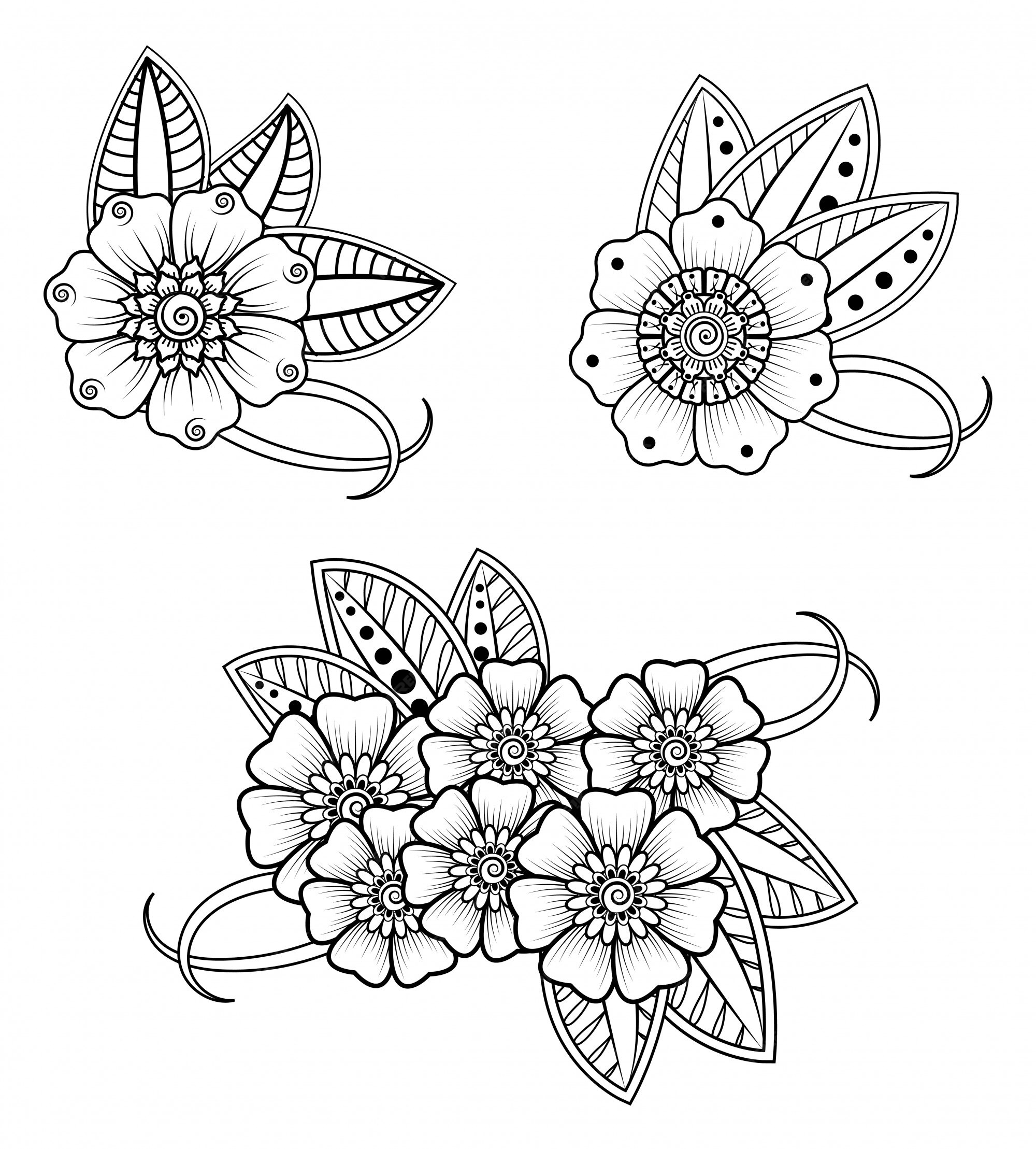 Conjunto de flores mehndi para dibujo y tatuaje de henna. decoración oriental, estilo indio. | Vector Premium Conjunto de flores mehndi para dibujo y tatuaje de henna. decoración oriental, estilo indio. | Vector Premium