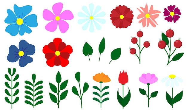Conjunto de flores minimalistas de primavera Flores simples de dibujos animados Hojas de almuerzo Plantas bayas Ilustración vectorial