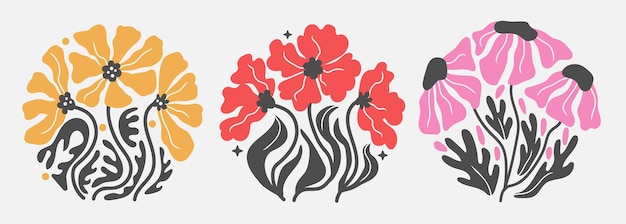 Conjunto de flores negras abstractas maravillosas Formas de círculos orgánicos en el moderno estilo hippie retro ingenuo de los años 60 y 70