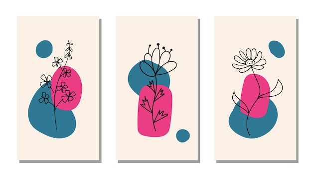 Conjunto de flores negras minimalistas sobre un fondo de formas geométricas abstractas Colores de tendencia