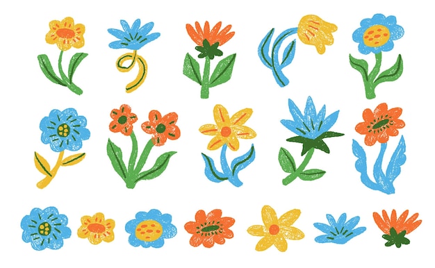 Conjunto de flores de neón abstractas en estilo plano funky elementos botánicos florales ondulados y groovy plantas divertidas en estilo minimalista de tiza de tinta o carbón
