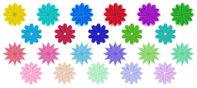 Conjunto de flores de papel de colores con sombras, aislado sobre fondo blanco.