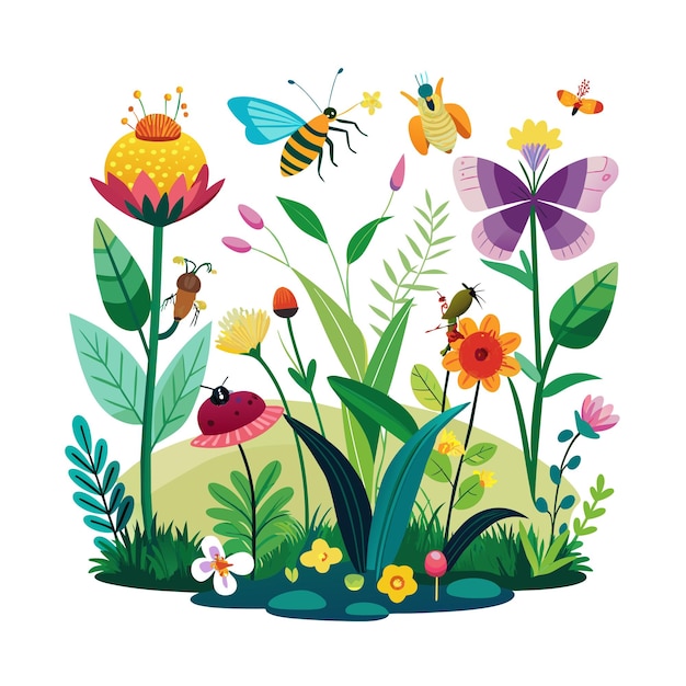 Un conjunto de flores y plantas con abejas e insectos hermosa escena de la selva ilustración vectorial