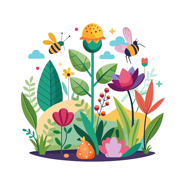 Un conjunto de flores y plantas con abejas e insectos hermosa escena de la selva ilustración vectorial