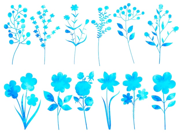 Conjunto de flores plantas azul acuarela silueta vector aislado
