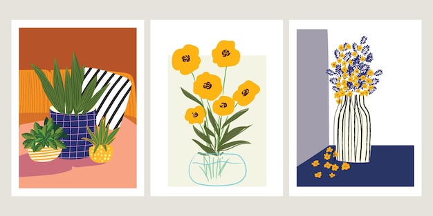 Conjunto de flores y plantas florales en jarrón dibujado a mano ilustración vectorial decoración de arte de pared