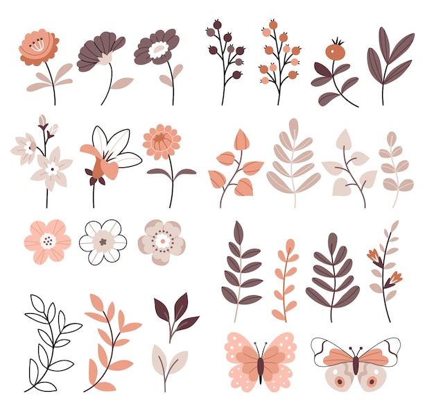 Conjunto de flores, plantas, hojas y mariposas en estilo escandinavo boho minimalista en colores pastel beige neutro